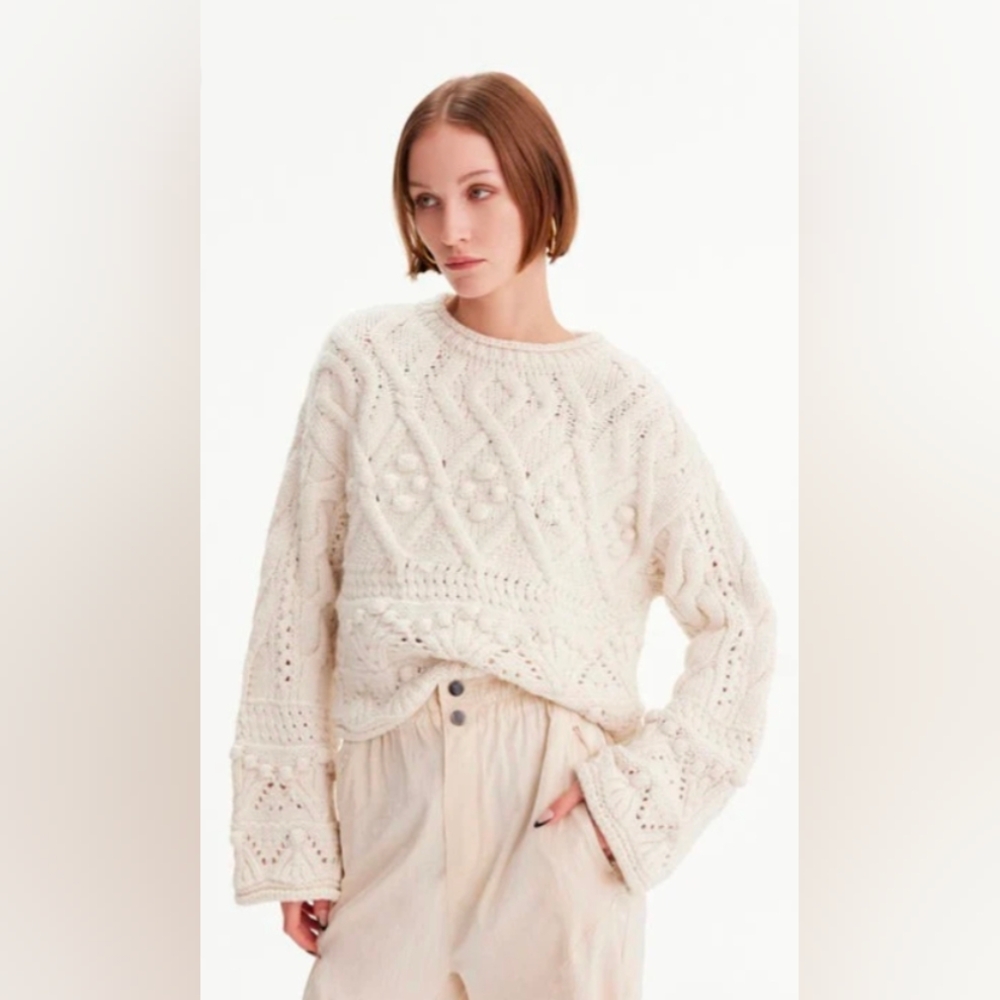 THEO Rhodos Fisherman Cable Pullover in Ivory